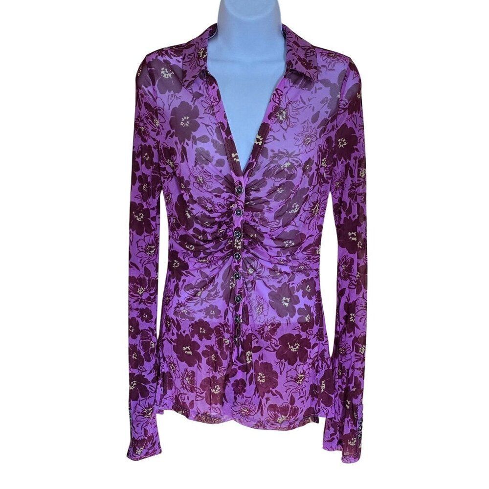 Free People Sheer Ruched Button Down Purple Floral Mesh Blouse coquette colorful